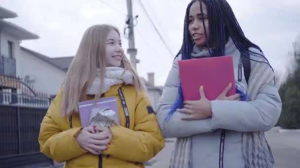 Retrato de una rubia caucásica hablando con una amiga afroamericana y sonriendo. Amigos positivos paseando por la calle. Felicidad, estilo de vida. caminando . — Vídeo de stock