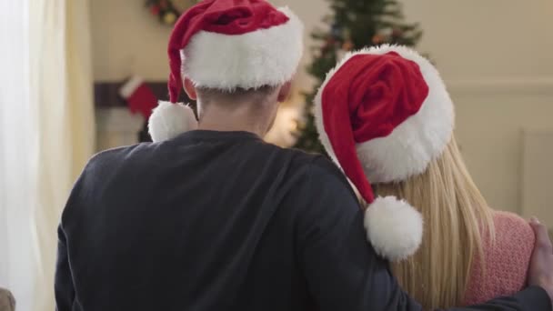 Back view of hugging Caucasian couple sitting in front of Christmas tree. Positive family in red New Year hats spending New Years eve together at home. Holidays season, love, relationship. — ストック動画