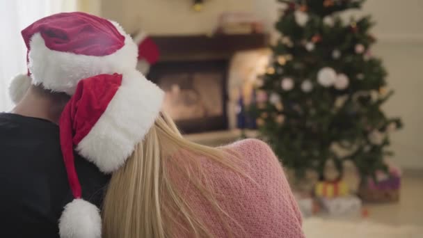 Caméra approchant lentement aux jeunes couples en chapeaux de Noël rouges assis devant l'arbre du Nouvel An. Heureux conjoints passer des vacances soir à la maison. Loisirs, bonheur, amour, convivialité . — Video