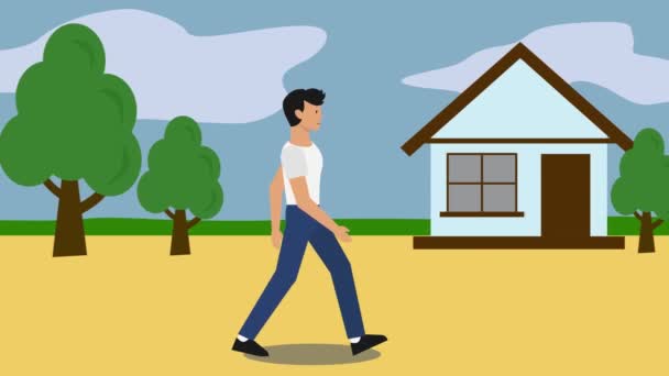 Animación 2D, vista lateral del hombre caucásico caminando por el camino en el desierto con árboles. Casas cada vez más grandes que aparecen en su camino. Urbanización, crecimiento físico de las zonas urbanas, humanidad . — Vídeos de Stock