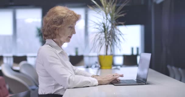 한 중년 백인 여성 이 노트북 키보드로 타이핑하는 모습. 직장에서 성공 한 자신감 있는 CEO 의 초상화. 사업가, 관리자, 효율성, 사무실, 생활 방식. 영화 4K 전립선 HQ. — 비디오