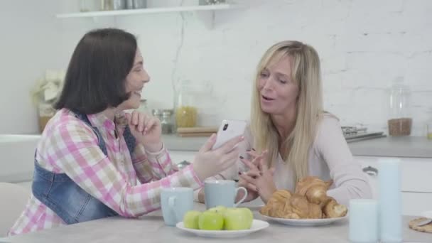 Positieve brunette Kaukasische vrouw tonen nieuwe smartphone aan vriend. Vrolijke vrouwen zitten aan tafel en kletsen. Geluk, vrije tijd, vriendschap. — Stockvideo