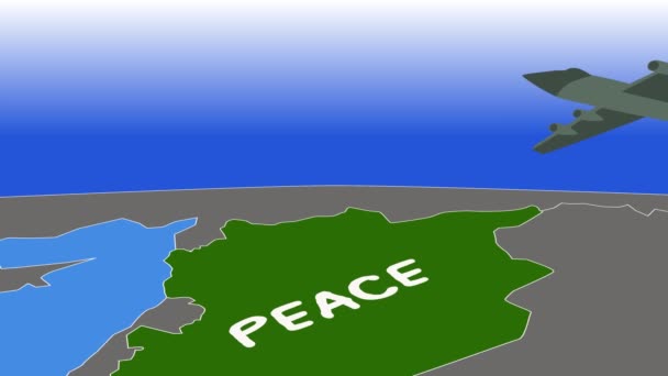 Animation 2D, bombardier gris survolant un pays vert avec Peace écrit, et larguant des bombes. Guerre, conflit, arme lourde, bombardement, bombardement . — Video