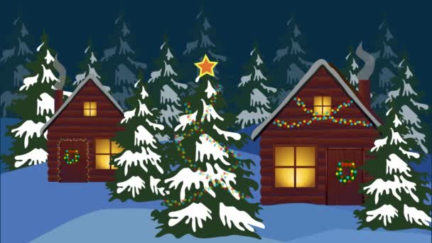 2D анимация, камера движется вверх от рождественских елок и домов, украшенных на Новый год оленей и Санта-Клауса верхом на фоне луны. Сезон праздников, праздник . — стоковое видео