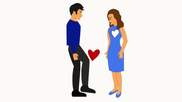 Animación 2D, joven mujer caucásica dando corazón al hombre, él lo empuja lejos con la pierna. Chica de pie con agujero en el pecho. Relación, corazón roto, depresión . — Vídeos de Stock