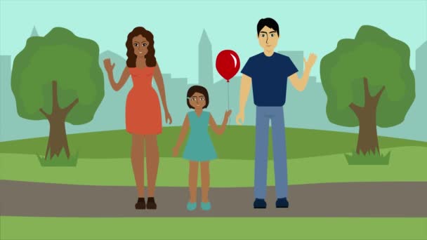 2d animation, νεανική ευτυχισμένη οικογένεια στέκεται στο πάρκο, χαιρετώντας την κάμερα και χαμογελώντας. Καυκάσιος πατέρας περνάει χρόνο με την Αφροαμερικανή σύζυγο και την κόρη του έξω. Τρόπος ζωής, ευτυχία. — Αρχείο Βίντεο