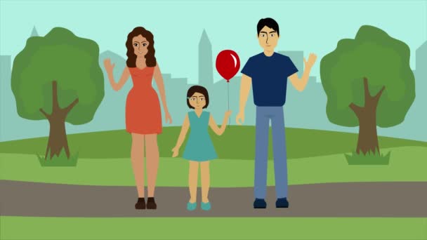 2d animatie, jong gelukkig Japans gezin dat in het park staat, zwaait naar de camera en glimlacht. Vader brengt tijd door met mooie vrouw en dochtertje buiten. Lifestyle, geluk. — Stockvideo