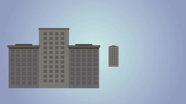 2D animation, skyscrapers and building of city hospital appearing. Medical institution zooming in and young Caucasian woman coming to the entrance door. Concept of healthcare and medicine in big city. — 비디오