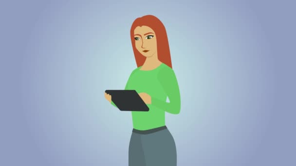 2d animatie, roodharige blanke vrouw met tablet verschijnen op het scherm, pictogrammen met menselijk lichaam interne organen verschijnen om haar heen. Professioneel arts, moderne arts. — Stockvideo