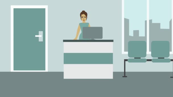 2d animation, porträtt av receptionist stående vid receptionen. Zooma in, kvinnan vinkar och ler, zoomar ut. Service, sysselsättning, välkomnande. — Stockvideo