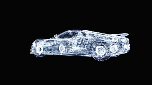 3Dアニメーション、黒を背景に回転する白い車のホログラム。自動車内装のグラフィックイラスト。移動画像、自動車産業、車両構造. — ストック動画