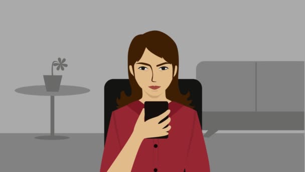 2d animatie, jong blank meisje zittend op stoel binnen met telefoon als berichten met groeten verschijnen voor haar gezicht. Digitale revolutie, social media verslaving. — Stockvideo