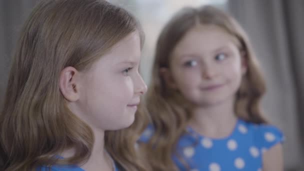 Profilporträtt av söt vit liten flicka med suddigt ansikte av hennes tvillingsyster i bakgrunden. Närbild av två identiska systrar som poserar inomhus hemma. Familj, enhet, skönhet. — Stockvideo