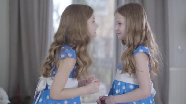Zijaanzicht van vrolijke glimlachende blanke meisjes in blauwe jurken die geheimen delen en high five geven. Charmante tweelingzussen die plezier hebben samen thuis. Eenheid, gezin, levensstijl, geluk. — Stockvideo