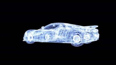 3D animation, hologram of car with visible interiors with alpha channel. Automobile design spinning around. Automobile industry, vehicle manufacturing. QuickTime, 4K resolution.