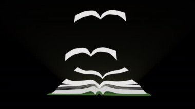 Alfa kanalında 2D animasyon, açık kitap yalan söylüyor, sayfalar kuşlar gibi uçup gidiyor. Bilgi dağılımı tüm dünyaya yayıldı. Eğitim kavramı, zeka, edebiyat.