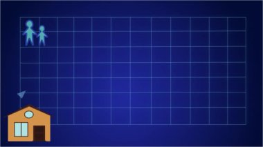 2D animasyon, mavi ok altta görünen evler gibi grafik üzerinde ilerliyor. Sol üst köşede yetişkin insan ve çocuk figürleri var. Nüfus artışı, küreselleşme, aşırı nüfus.