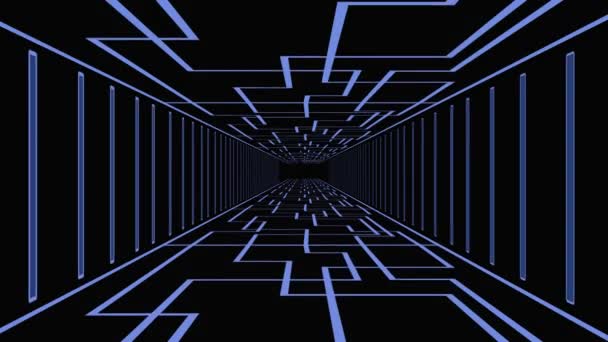 3D hurkolható animáció a futurisztikus csarnokban. A kék vonalak egyre mélyebbre hatolnak. Háttér, animált kép. — Stock videók