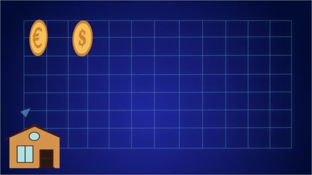 2D animace, dva znaky evropské a americké měny rotující v levém horním rohu, šipka zobrazující růst příjmů obyvatelstva na grafu jako větší budovy se objeví na dně. — Stock video