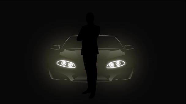 2番目のアニメーション、交差した手を持つ男のシルエットは、車のヘッドライトが点灯し、オフ照明として黒の背景に立っている。スパイ、監視、スパイの概念. — ストック動画