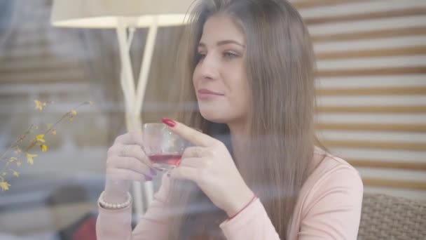 Tir à travers le verre de fenêtre de la jeune femme caucasienne positive assise dans un café avec une tasse de thé et souriant. Brunette charmante fille parlant avec petit ami méconnaissable dans le restaurant. Joie, amour . — Video