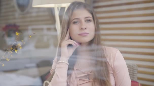 Portrait of gorgeous brunette grey-eyed Caucasian girl behind window glass. Confident young woman looking at camera and smiling. Lifestyle, beauty, elegance. — Stock Video