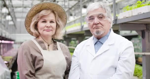 Portrait of senior Caucasian woman in straw hat and man in protective eyeglasses looking at camera and smiling. Professional confident agronomist and biologist posing in glasshouse. Cinema4k ProRes HQ — Stock Video