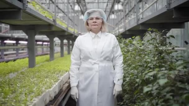 Cámara acercándose a la mujer caucásica de mayor confianza en gafas protectoras y bata blanca cruzando las manos y mirando a la cámara. Profesional agrónoma femenina que trabaja en invernadero. Agricultura . — Vídeo de stock