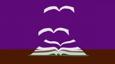 2d animasyon, açık kitap menekşe arka planında masanın üzerinde yatıyor. Kitap sayfaları kuşlar gibi uçup gidiyor. Bilgi dağılımı tüm dünyaya yayıldı. Eğitim kavramı, zeka, edebiyat.