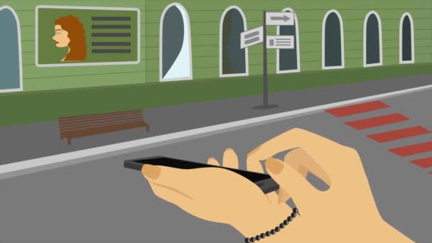 Animación 2D, teléfono inteligente de mano caucásica con holograma Horario de autobuses. Dedo tocando holo y cambia a la lista de la hora de llegada. Desarrollo de tecnologías modernas, vida urbana, globalización . — Vídeo de stock