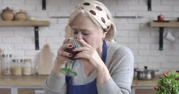 Nahaufnahme Porträt einer kaukasischen Frau mittleren Alters, die in der Küche Rotwein trinkt und redet. Positive Senior-Hausfrau, die sich zu Hause mit Alkohol ausruht. Freizeit, Ruhestand, Lebensstil. Cinema 4k ProRes Hauptquartier. — Stockvideo