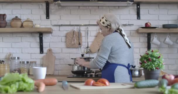 Femme caucasienne d'âge moyen qui cuisine le dîner sur la cuisinière. Portrait de la femme au foyer âgée préparant des plats savoureux dans la cuisine moderne à la maison. Mode de vie, cuisine. Siège social Cinema 4k ProRes . — Video