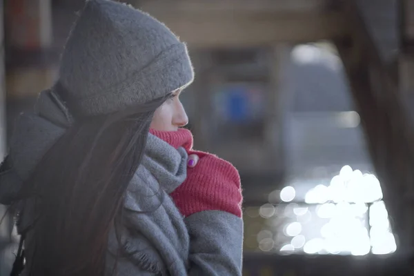 Sivukuva brunette nuori nainen kaupungin sillan alla. Lähikuva profiilin muotokuva kaunis valkoihoinen tyttö katselee pois kaupunkien joen rannalla. Pohdinta, elämäntapa . — kuvapankkivalokuva