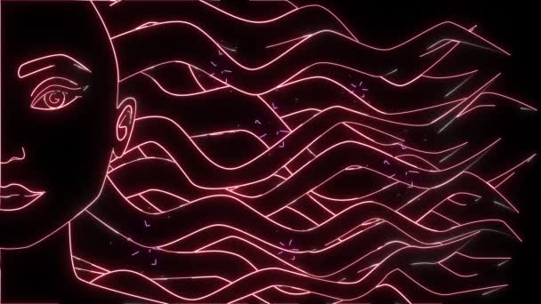 2d neon animation, glowing lights transforming into half face of woman wearing flowers in curls. Female hair waving at the background. Natural beauty, abstract. — Stock Video