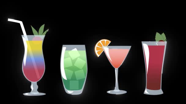 Animation 2d de cocktails sur fond noir. Verres à boire avec des boissons colorées se transformant en néon lumières incandescentes et de retour aux dessins animés. Alcool, vie nocturne, loisirs . — Video