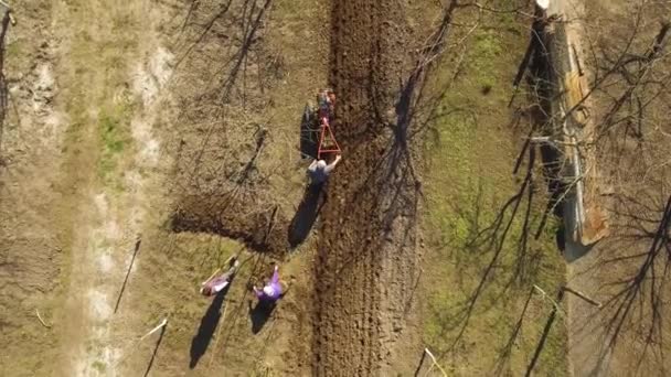 Aerial view, Caucasian farmers furrowing soil and preparing field for planting of vegetables. Men and women working in rural garden in sunny day of early spring. Cultivation, agriculture, farming. — Stock Video
