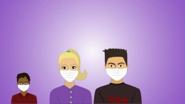 Mor arka planda maskeli bir sürü insan görünüyor. Virütik patojenden korunan dünya nüfusunun 2d animasyonu. Covid-19 kendini izole etme, koronavirüs karantinası, küresel tehlike.