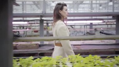 Güzel esmer, beyaz bir kadın cam evdeki bitkilerin arasında yürüyor. Zarafet, yaşam tarzı, doğa. Yan görünüm.