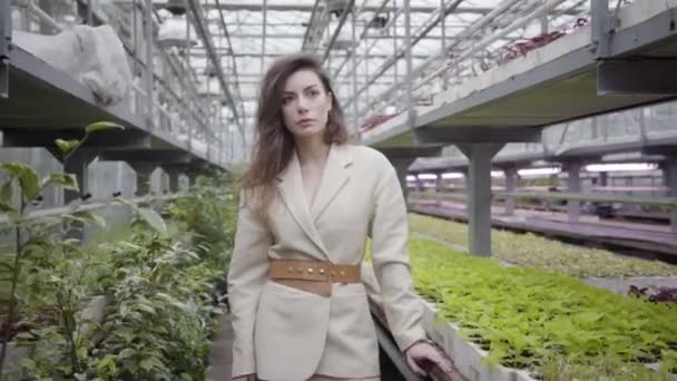 Portret van jonge brunette Kaukasische vrouw die in de kas staat en wegkijkt van het aanraken van groene bladeren van planten in kas. — Stockvideo