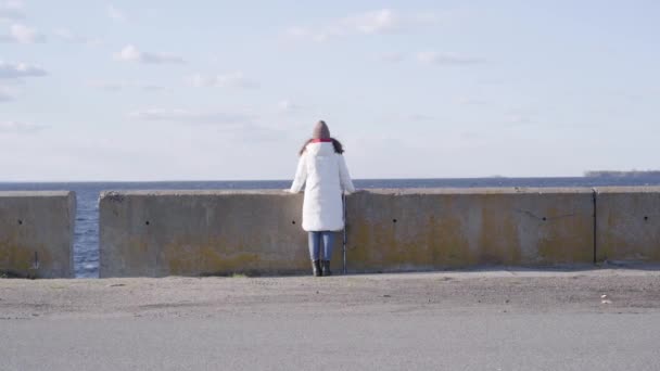 Широкий снимок одинокой белой девушки, стоящей на пустом городском причале и смотрящей в сторону. Вид брюнетки, проводящей солнечный весенний день на карантине Ковид-19. Стиль жизни, коронавирусная проблема . — стоковое видео