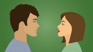 Kafkasyalı genç bir kadının erkek yüzüne Covid-19 bakterisi sıktığı yakın plan 2D animasyon. Virüs belirtileri ve insanda görülen kırmızı enfeksiyon yayılımı. Coronavirus bulaşıcı hastalık.