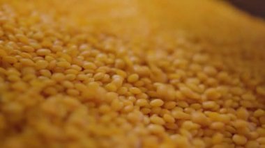 Portakallı mercimek marketteki raftaki kutuya düşüyor. Perakende dükkanında satılık yenilebilir baklagil. Tüketim, gıda hasadı, sağlıklı beslenme, vejetaryenlik..