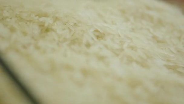 Extreme close-up of white long-grain rice on supermarket shelf. Raw edible food selling in grocery. Healthy protein ingredient, healthful diet. — Stock Video