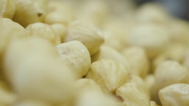 Extreme close-up van wit-gele hazelnoten in de supermarkt. Lekkere biologische noten liggen op de plank in de winkel te koop. Consumentisme, handel, gezond eten, veganistisch eten, culinair. — Stockvideo