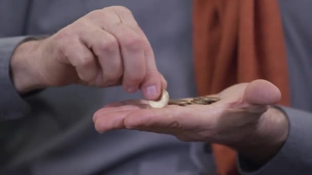 Extreme Nahaufnahme von reifen kaukasischen Händen, die Münzen untersuchen. Unerkennbarer Numismatiker, der Geld in der Hand hält. Hobby, Numismatik, Lifestyle. — Stockvideo