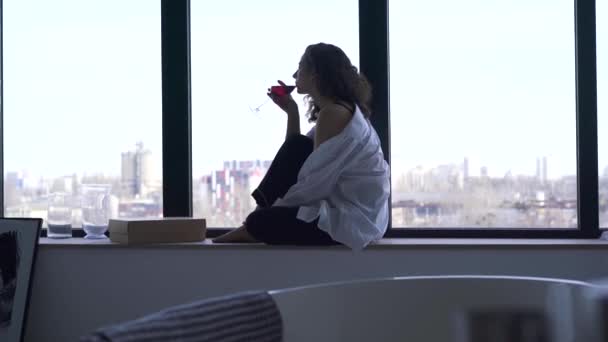 Mujer caucásica pensativa bebiendo vino tinto y mirando por la ventana. Joven hermosa chica sentada en el alféizar de la ventana por la noche en casa o en el hotel . — Vídeos de Stock