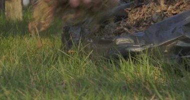 Güneşli bir bahar günü, avluda kuru yaprak ve dallar toplayan beyaz kadın ellerinin yakın çekimi. Çöp torbasında çöp toplamak. Dışarıda çalışan tanınmayan bir kadın. Sinema 4k ProRes Merkezi.
