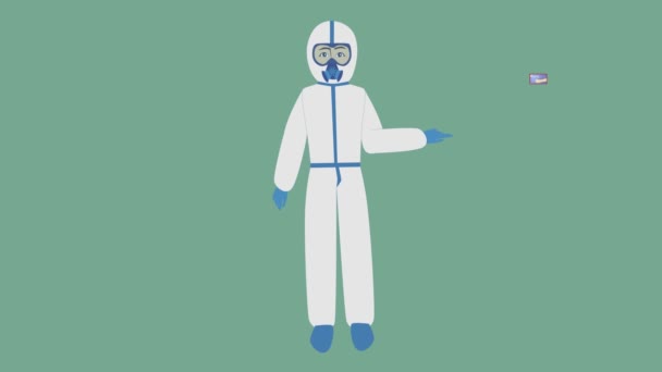 2d animace lékaře v ochranném antivirovém obleku s varovnými příznaky na obrazovce. Doporučuji umýt si ruce, držet si odstup, zůstat doma a nosit masku. Covid-19 pandemie, izolace. — Stock video