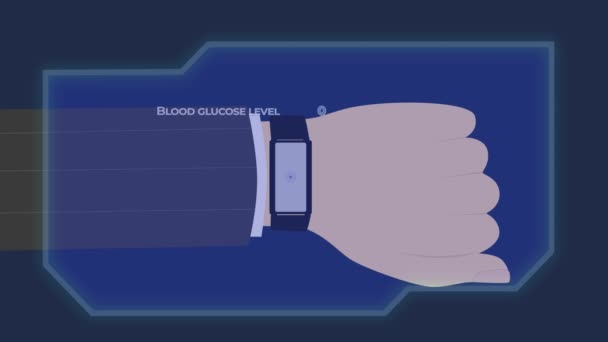 Animação 2d, mão branca masculina com relógio inteligente tocando na tela e as medidas médicas aparecendo. SATS, nível de glicose no sangue, pressão arterial e temperatura mostrando alto risco de infecção . — Vídeo de Stock