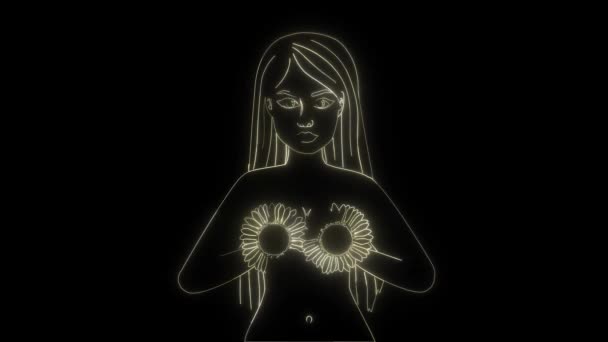 Lumineux néons formant corps de jeune femme nue attrayante tenant tournesols sur la poitrine. Animation 2d de fille blanche blonde aux yeux bleus. Beauté naturelle, érotisme, sensualité .